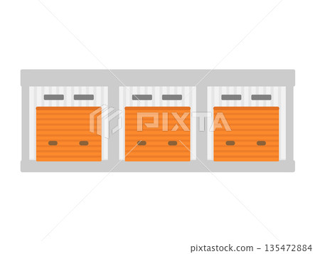 A simple storage room building illustration with three orange shutters A simple storage room building illustration with three orange shutters 135472884