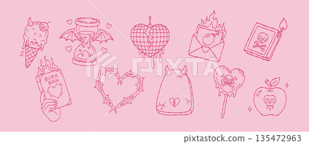 Y2K anti valentine hand drawn vector line art set with disco ball burn book and devil ice cream for boho aesthetic grunge wall art illustration print Y2K anti valentine hand drawn vector line art set with disco ball burn book and devil ice cream for boho aesthetic grunge wall art illustration print 135472963