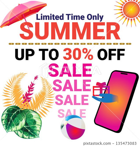 Summer Sale Promotional Banner: Up to 30% Off Limited Time Offer, E-commerce Marketing Poster with Tropical Palm Leaves and Smartphone Graphic Design 135473083