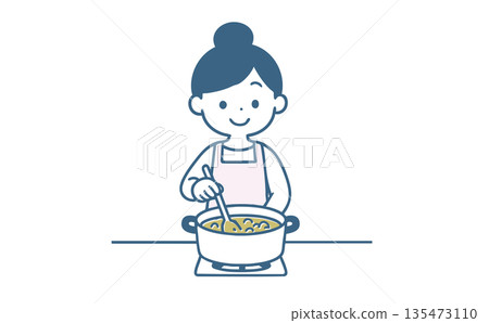 圖:一位微笑的女子身穿圍裙,正在製作咖哩 圖:一位微笑的女子身穿圍裙,正在製作咖哩 135473110
