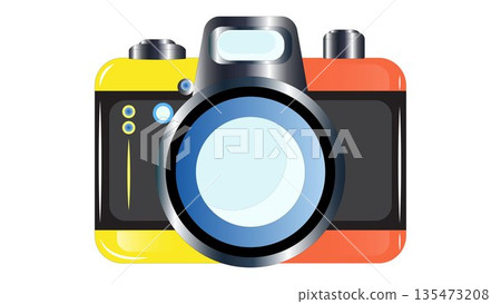 Colorful Digital Camera Illustration: Vibrant Yellow and Orange Photography Icon, Creative Camera Graphic with Blue Lens for Social Media and App Design Colorful Digital Camera Illustration: Vibrant Yellow and Orange Photography Icon, Creative Camera Graphic with Blue Lens for Social Media and App Design 135473208