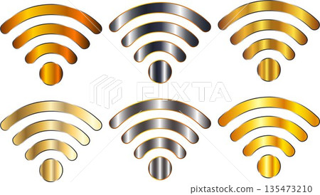 Premium Wi-Fi Icon Set: Golden and Silver Metallic Wireless Signal Symbols, Luxury Connectivity Graphics for Tech Branding and High-End App Interfaces Premium Wi-Fi Icon Set: Golden and Silver Metallic Wireless Signal Symbols, Luxury Connectivity Graphics for Tech Branding and High-End App Interfaces 135473210