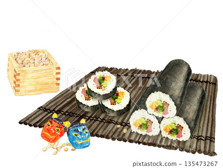 Watercolor illustration set of Ehomaki and Setsubun [Hand-drawn] White background Copy space 135473267