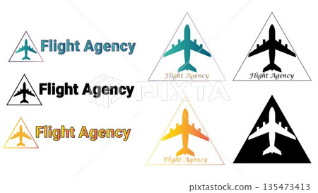 Flight Agency Logo Set: Professional Airplane Silhouette in Triangle Frame, Gradient and Silhouette Aviation Icons for Travel Agency Branding Design Flight Agency Logo Set: Professional Airplane Silhouette in Triangle Frame, Gradient and Silhouette Aviation Icons for Travel Agency Branding Design 135473413