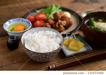 One soup and two dishes: fried chicken and spinach One soup and two dishes: fried chicken and spinach 135473489
