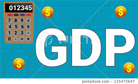 GDP Economic Illustration: Gross Domestic Product Graphic with Calculator, Dollar Coins and Rising Trend Line for Finance and Global Market Analysis 135473647