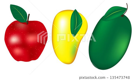 Fresh Fruit Illustration Set: Red Apple and Ripe Mango Graphics with Green Leaves, Vibrant Glossy Food Icons for Juice Branding and Organic Labels Fresh Fruit Illustration Set: Red Apple and Ripe Mango Graphics with Green Leaves, Vibrant Glossy Food Icons for Juice Branding and Organic Labels 135473748