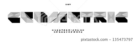 Block font logo alphabet geometric stripe typography with lines square triangle rectangle shape lettering for abstract title text, modern architect poster headline, creative branding. Vector typeset 135473797