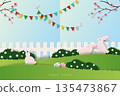 Easter nature background,celebrate theme with cute rabbits on spring garden 135473867
