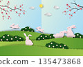 Happy Easter greeting card,cute cartoon rabbits family happy on springtime 135473868