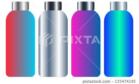 Colorful Reusable Water Bottle Set: Modern Metal Flask Mockups with Silver Caps, Vibrant Gradient and Metallic Finishes for Fitness and Eco Branding 135474195