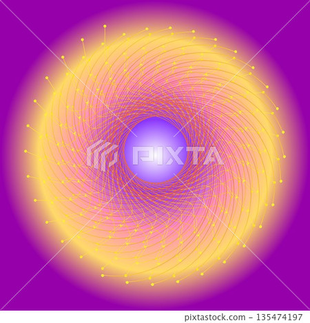 Abstract Radial Spiral Background: Vibrant Yellow and Pink Glowing Sunburst Orbiting Light Center on Purple Gradient, Modern Graphic for Creative Media Abstract Radial Spiral Background: Vibrant Yellow and Pink Glowing Sunburst Orbiting Light Center on Purple Gradient, Modern Graphic for Creative Media 135474197