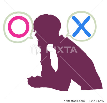 Circles and crosses, man resting his chin on his hand, thinking, silhouette Circles and crosses, man resting his chin on his hand, thinking, silhouette 135474297