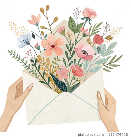 watercolor illustration of hands holding an envelope with flowers watercolor illustration of hands holding an envelope with flowers 135474438