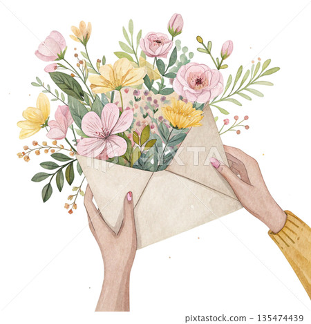 watercolor illustration of hands holding an envelope with flowers watercolor illustration of hands holding an envelope with flowers 135474439