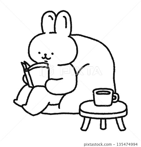 Cute rabbit reading a book line drawing Cute rabbit reading a book line drawing 135474994