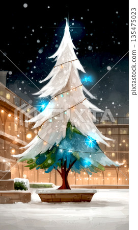 Elegant winter decoration with snow-covered and decorated Christmas tree and clean design lines in an urban environment 135475023