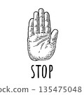 Hand showing stop gesture. Front view. Vector monochrome vintage engraving 135475048