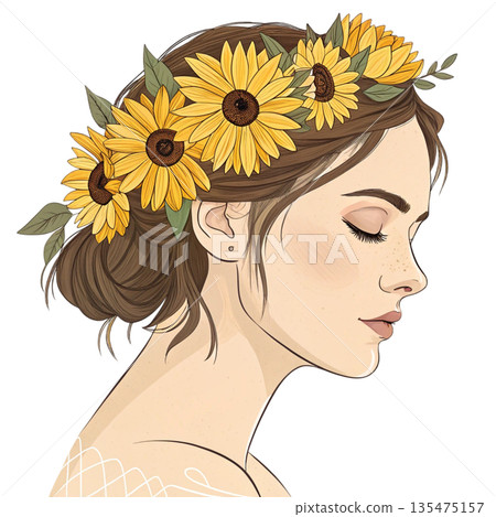 Premium commercial illustration of a calm woman portrait sunflower flowers 135475157