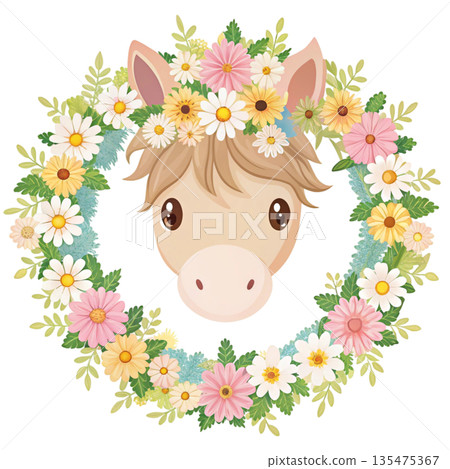 Symmetrical floral wreath circle made of pastel roses and leaves horse head facing forward emerging from the center 135475367