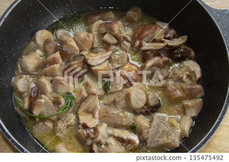 creamy porcini mushroom sauce in pan creamy porcini mushroom sauce in pan 135475492