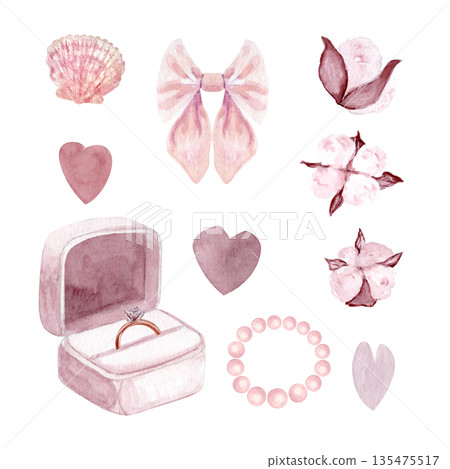 Open box with diamond engagement ring, cotton flowers, hearts, pearl bracelet watercolor set isolated on white background, perfect for wedding design, invitations, branding, packaging, romantic decor 135475517