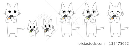 Set of illustrations of a white cat family and friends biting into a ehomaki (sushi roll) 135475632