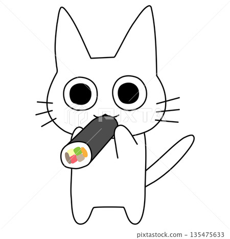 一隻白貓認真地吃著江方卷節分材料。 135475633