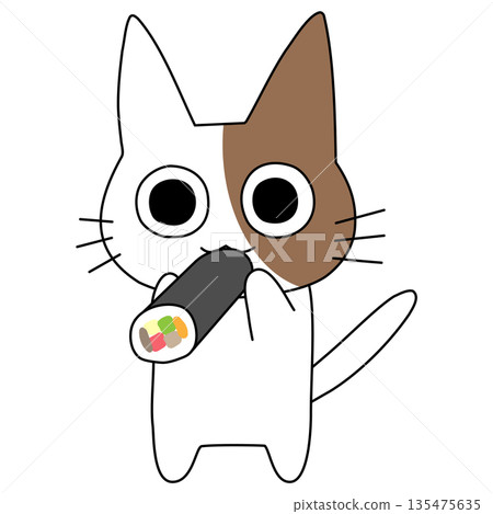 Cute brown and white cat character illustration biting into a Setsubun ehomaki Cute brown and white cat character illustration biting into a Setsubun ehomaki 135475635