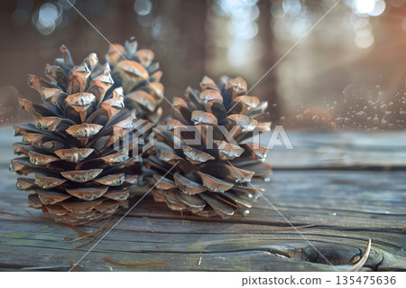 Natural autumn scene of pine cones lined up on a wooden table Natural autumn scene of pine cones lined up on a wooden table 135475636