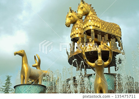 Colchis Fountain - golden animal statues, copies of ancient Germanic figures in Kutaisi, Georgia. Colchis Fountain - golden animal statues, copies of ancient Germanic figures in Kutaisi, Georgia. 135475711