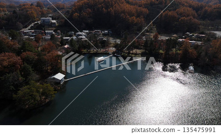 Autumn leaves at Matsubara Lake (aerial view) - Koumi Town, Minamisaku District, Nagano Prefecture, Japan Autumn leaves at Matsubara Lake (aerial view) - Koumi Town, Minamisaku District, Nagano Prefecture, Japan 135475991