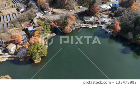 Autumn leaves at Matsubara Lake (aerial view) - Koumi Town, Minamisaku District, Nagano Prefecture, Japan Autumn leaves at Matsubara Lake (aerial view) - Koumi Town, Minamisaku District, Nagano Prefecture, Japan 135475992