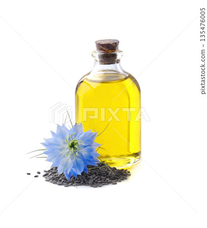 Black cumin oil with nigella flower Black cumin oil with nigella flower 135476005