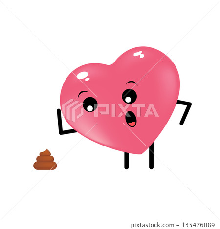 Vector cartoon heart character with poop. Valentines day hand drawn funny and cute heart emoji character isolated on white background. Conceptual valentines day comic funky kids sticker 135476089