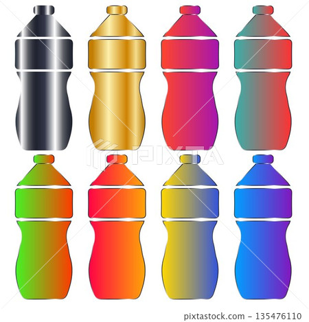 Vibrant Sports Water Bottle Set: Modern Reusable Plastic Flask Icons with Gradient and Metallic Finishes for Fitness Branding and Hydration Design 135476110