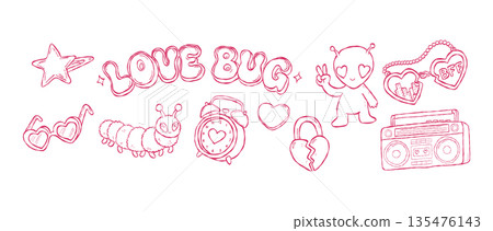 Y2K love bug caterpillar and retro alarm clock hand drawn vector line art set for aesthetic sticker and kids fashion design BFF Y2K love bug caterpillar and retro alarm clock hand drawn vector line art set for aesthetic sticker and kids fashion design BFF 135476143