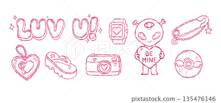 Alien extraterrestrial with camera and smartwatch Y2K valentine hand drawn vector line art for quirky aesthetic sticker and streetwear design Alien extraterrestrial with camera and smartwatch Y2K valentine hand drawn vector line art for quirky aesthetic sticker and streetwear design 135476146