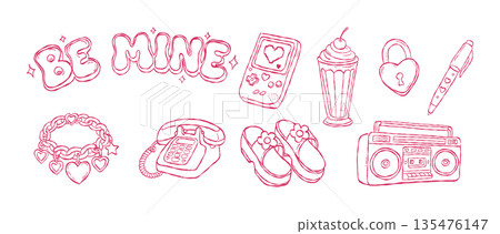 Cute Y2K valentine hand drawn vector line art set with handheld game milk shake and retro phone for boho aesthetic wall art illustration print design Cute Y2K valentine hand drawn vector line art set with handheld game milk shake and retro phone for boho aesthetic wall art illustration print design 135476147