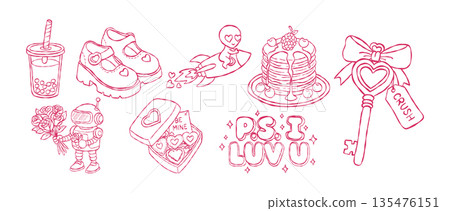 Y2K robot with rose and alien rocket hand drawn vector line art set for futuristic sticker and clothing design PS I LUV U Y2K robot with rose and alien rocket hand drawn vector line art set for futuristic sticker and clothing design PS I LUV U 135476151