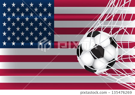USA Soccer Background: United States Flag with Soccer Ball Hitting Goal Net, National Team Sports Graphic for Football Tournaments and Fan Branding 135476269