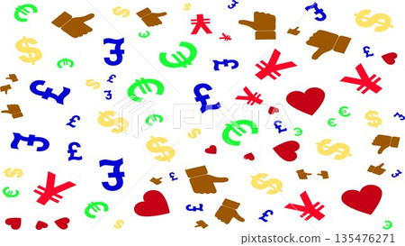 Vibrant Currency and Social Media Pattern: Multi-colored Dollar, Euro, Yen, and Pound Signs with Hearts and Likes, Modern Finance and Social Graphic 135476271
