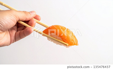Fresh Salmon Sushi with Chopsticks on White Background Fresh Salmon Sushi with Chopsticks on White Background 135476437