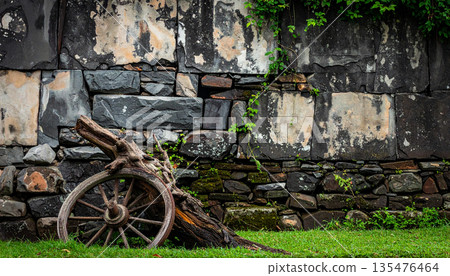 Natural Stone Wall Texture with Green Moss 135476464