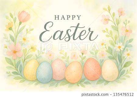 Easter greeting card with pastel eggs and Happy Easter message 135476512