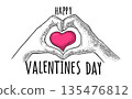 Fingers show heart. Valentines Day lettering. Vector engraving 135476812