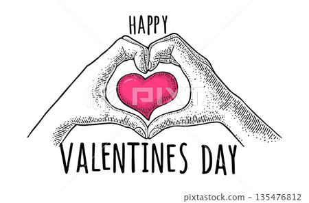 Fingers show heart. Valentines Day lettering. Vector engraving 135476812