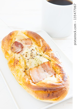 Delicious morning bacon cheese bread and coffee 135477067