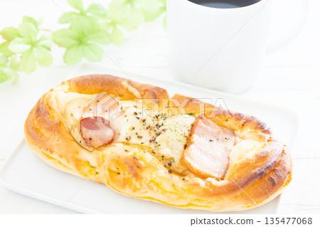 Delicious morning bacon cheese bread and coffee 135477068