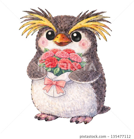【母親節】色鉛筆插畫，一隻跳岩企鵝手捧康乃馨 135477112